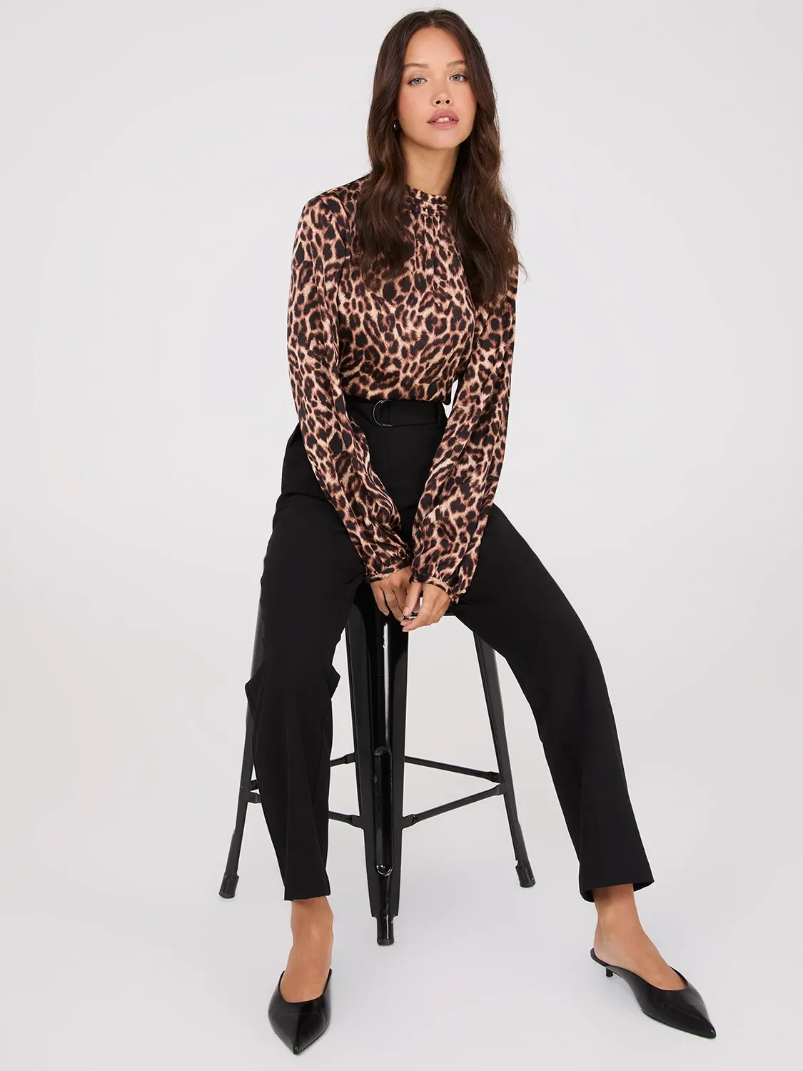Animal Print Mock Neck Satin Popover Blouse