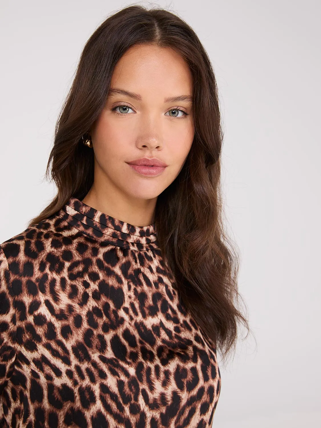 Animal Print Mock Neck Satin Popover Blouse