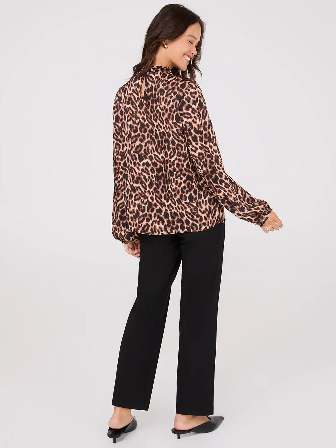 Animal Print Mock Neck Satin Popover Blouse