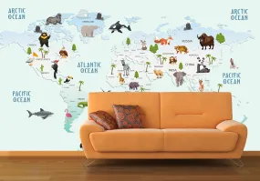 Animal world map World map mural Removable wallpaper Textured wallpaper nursery wallpaper vinyl wallpaper modern wallpaper wall print art