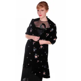 Vintage Black Velvet Wrap/Stole Blue/Pink Embroidery Flowers Gold Soutache 1950s